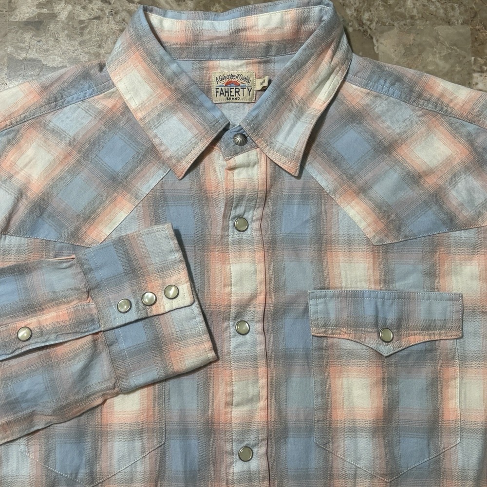 Faherty Shirt Mens Medium Plaid Long Sleeve Pearl Snap Hardware Western